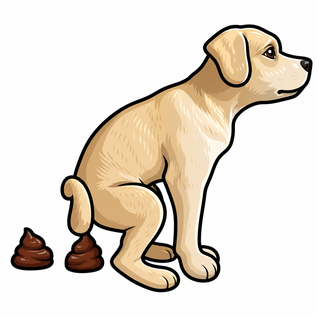 Pooping Dog sticker illustration, side profile mid-poop