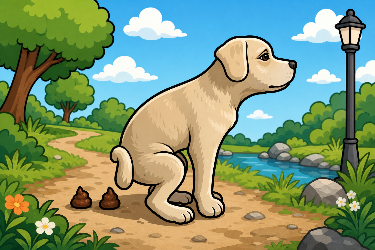 Pooping Dog scene: sitting on a park path near a pond and lamp post